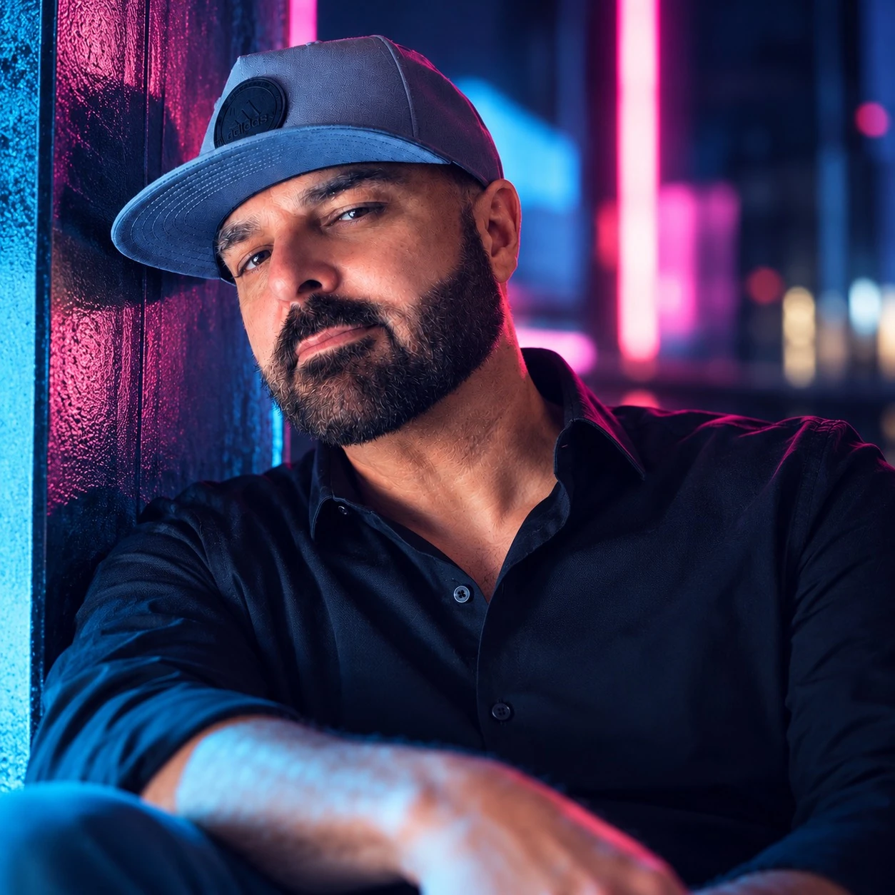 DIPAOLO seated beside a textured wall, with blue and pink city lights behind him.